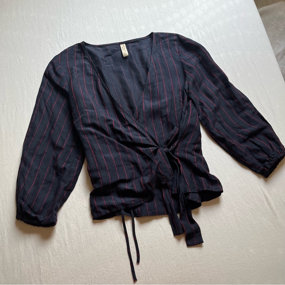 Bec + Bridge navy blue red pin stripe linen puff long sleeve cropped wrap blouse